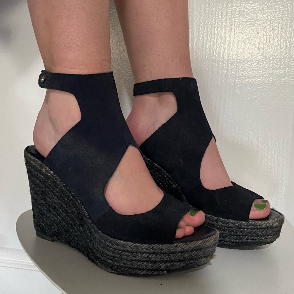 Zara Navy Blue Leather Suede Espadrille Wedges Size 40 (9)